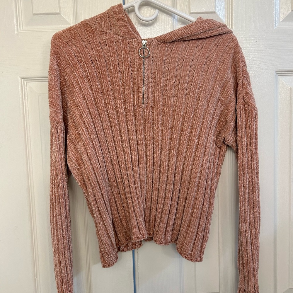 Pink fuzzy quarterzip sweater with hood!